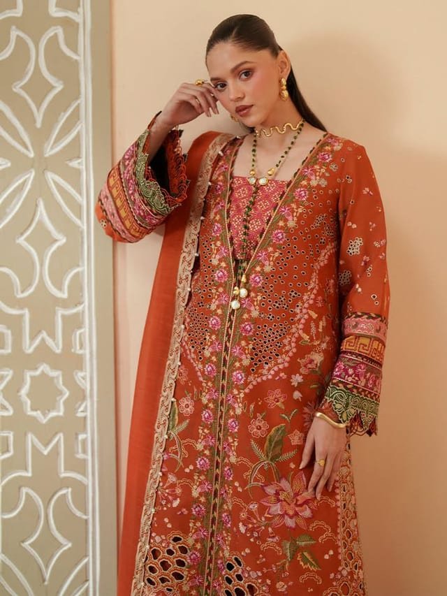 Gul-e-Rana — rust embroidered lawn with cutwork open front